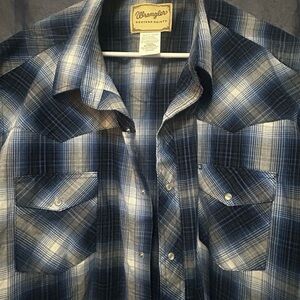 Wrangler Blue Plaid Snap Button Shirt Men’s 3XL Big Tall Short Sleeve Western